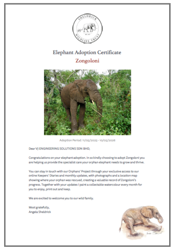 Adoption Certificate - VJ Engineering- Sheldrick Trust